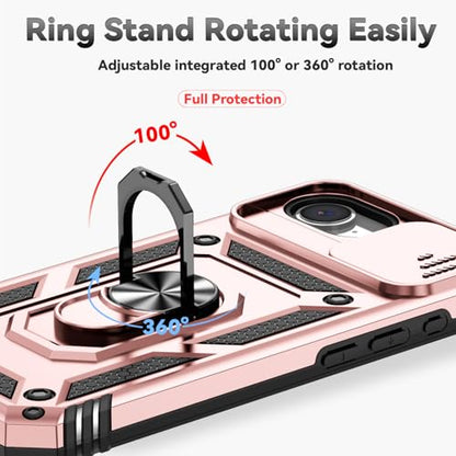 for iPhone 17E / iPhone 16E Case, with Camera Lens Cover HD Screen Protector, Dual Layer Military-Grade Drop Tested Magnetic Ring Holder Kickstand Protective Phone Case for iPhone 16E /17E (Rose Gold) - color: Rose Gold with camera cover Military-Grade 2n