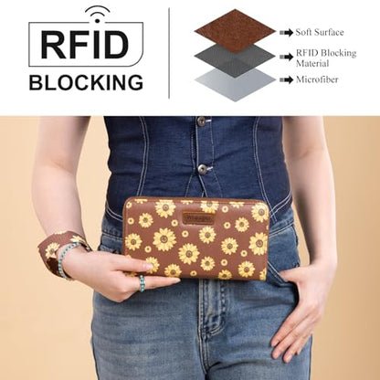 Wrangler Brown Daisy Wallets for Women Large Capacity Wristlet Wallets, Card Cases & Money Organizers Ladies Female Clutch Credit Card Phone Wallet with Smooth Zipper and ID Window - color: Daisy-Brown
