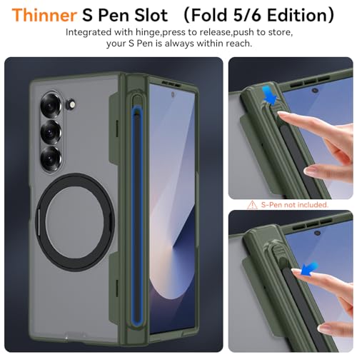 Upgraded 360° Spin Magnetic Invisible Ring Stand for Samsung Galaxy Z Fold 6 Case,[Compatible with MagSafe][S Pen Holder][Hinge Protection][Screen Protector],Shockproof Full Body Phone Cover (Green) - color: Green
