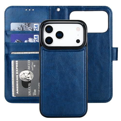 Bocasal Detachable Wallet Case Card Holder for iPhone 17 Pro Max Blue | RFID Blocking Kickstand Card Slots Holder PU Leather Magnetic Shockproof Wrist Strap Removable Flip Protective Cover 6.9 inch - color: Blue