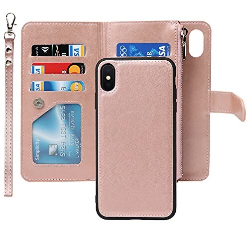 iCoverCase for iPhone X/XS Wallet Case with Card Holder and Wrist Strap, PU Leather Kickstand Card Slots Zipper Pocket Magnetic [Detachable] Flip Cover Case 5.8 Inch (Rose Gold) - color: Rose Gold