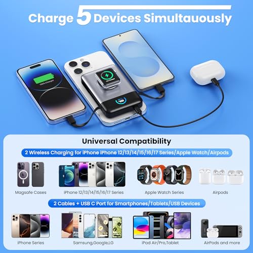 Ekrist Magnetic Portable Charger 10800mAh for MagSafe with Built-in Cable,iWatch Charger,Wireless Power Bank Travel Essentials,25W Fast Charging Battery Pack for iPhone 17/16/15/14,Apple Watch(Sliver) - color: Sliver