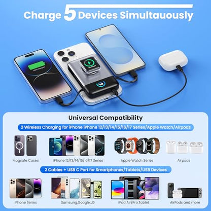 Ekrist Magnetic Portable Charger 10800mAh for MagSafe with Built-in Cable,iWatch Charger,Wireless Power Bank Travel Essentials,25W Fast Charging Battery Pack for iPhone 17/16/15/14,Apple Watch(Sliver) - color: Sliver