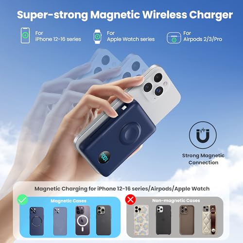 Ekrist Magnetic Portable Charger 10800mAh for MagSafe with Built-in Cable,iWatch Charger,Wireless Power Bank Travel Essentials,25W Fast Charging Battery Pack for iPhone 17/16/15/14,Apple Watch(Navy) - color: Navy