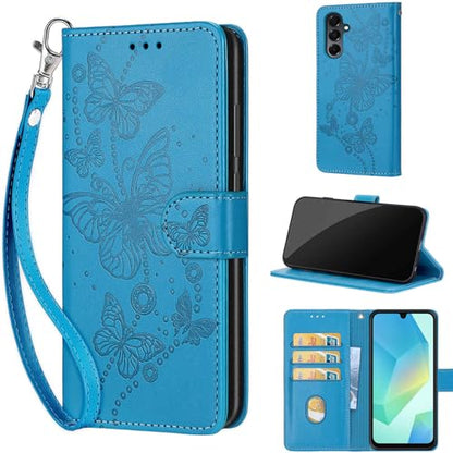 Wallet Case for Samsung Galaxy A16 5G, Blue Butterfly | Women Flip Folio Cover, Embossed PU Leather, Stand, Credit Card Holders Slots, Wrist Strap - color: 8