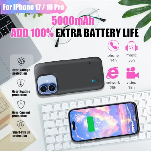 Battery Case for iPhone 17 / iPhone 16 Pro, 5000mAh Rechargeable Extended Battery Charging/Charger Case, Add 100% Extra Juice (6.3 Inches) Black