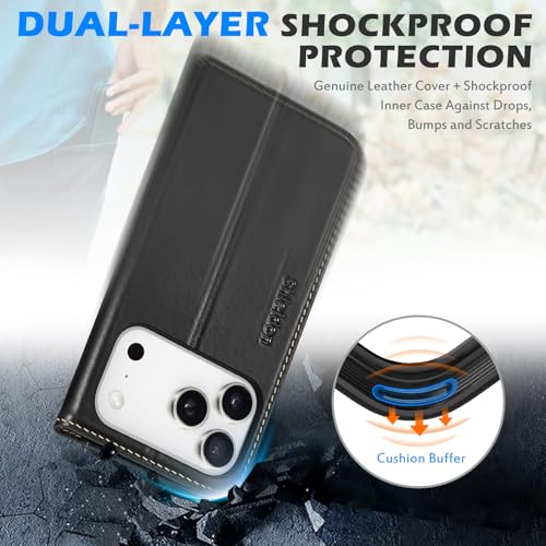 SHIELDON Real Leather Wallet Case for iPhone 17 Pro Max 6.9", Retro Black | Magnetic Closure, RFID Blocking, Credit Card Holder, Viewing Stand, Folio Design, Shockproof Protective Cover - color: Retro Black
