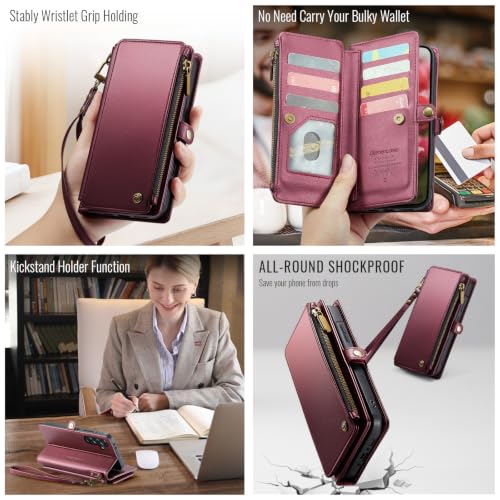 Defencase for Samsung Galaxy A37 5G Wallet Case with Card Holder, WineRed | RFID Blocking, Zipper Pocket, Durable PU Leather, Wrist Strap, Fashion Snap Flip Phone Cases Cover with Stand for Women Men - color: Wine Red