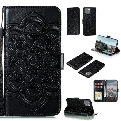 EYZUTAK Case for iPhone 14 Plus, Premium PU Leather Magnetic Flip Wallet Case with Card Holder Cash Slot Lanyard Strap Kickstand Function Embossed Mandala Flower Pattern Shockproof Cover - Black - color: Black, size: iPhone 14 Plus