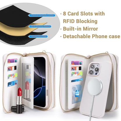 Harryshell Compatible with iPhone 16 Case Wallet Multi Zipper Detachable Removable Cover Purse with RFID Blocking Card Slots Holder Mirror Crossbody Strap (Compatible with Magsafe - White) - color: Compatible with Magsafe - White, size: iPhone 16