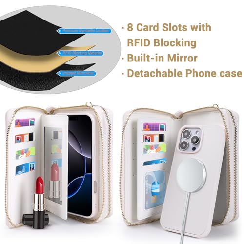 Harryshell Compatible with iPhone 16 Plus Case Wallet Multi Zipper Detachable Removable Cover Purse with RFID Blocking Card Slots Holder Mirror Crossbody Strap (Compatible with Magsafe - White) - color: Compatible with Magsafe - White, size: iPhone 16 Plu