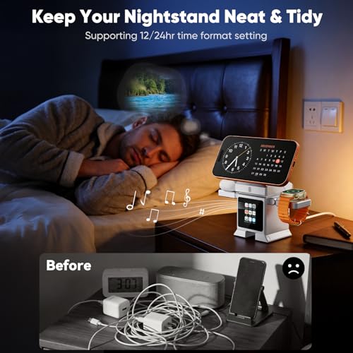 7-in-1 Robot Wireless Charging Station, Qi2.2 25W Magnetic Wireless Charger for iPhone 18-12 Series, AirPods & iWatch, Auto-Rotating Stand, Bluetooth Speaker & 2" Smart Display, 45W Adapter Included - color: Silver-T6D
