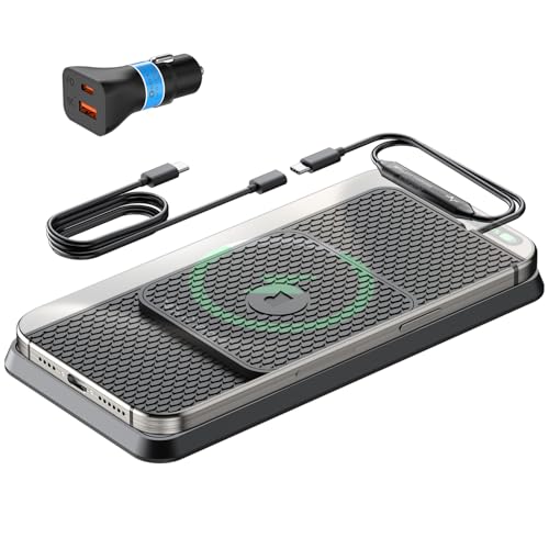 Wireless Car Charging Pad, Reestecqi 15W Fast Wireless Car Charger Pad Non Slip Charging Mat with 30cm Cable and 70cm Extension Compatible with iPhone 16 Pro/15/14/13 AirPods Samsung Google