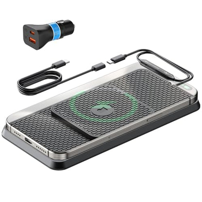 Wireless Car Charging Pad, Reestecqi 15W Fast Wireless Car Charger Pad Non Slip Charging Mat with 30cm Cable and 70cm Extension Compatible with iPhone 16 Pro/15/14/13 AirPods Samsung Google