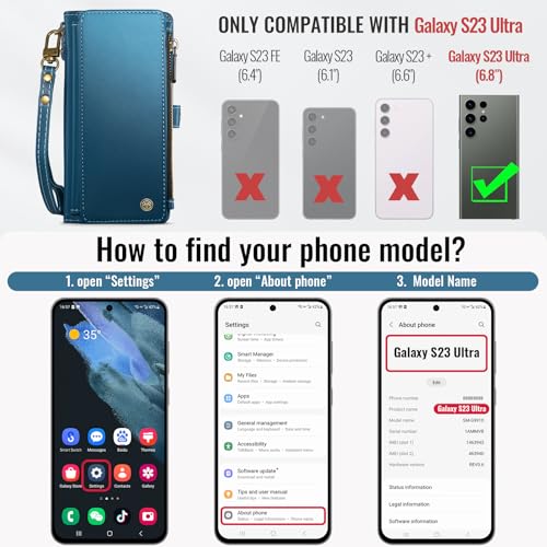 Defencase for Samsung Galaxy S23 Ultra Wallet Case with Card Holder, Blue | Durable PU Leather, with RFID Blocking Zipper Pocket, Wrist Strap, S23 Ultra Flip Phone Cases Cover with Stand for Women Men - color: Fashion Blue