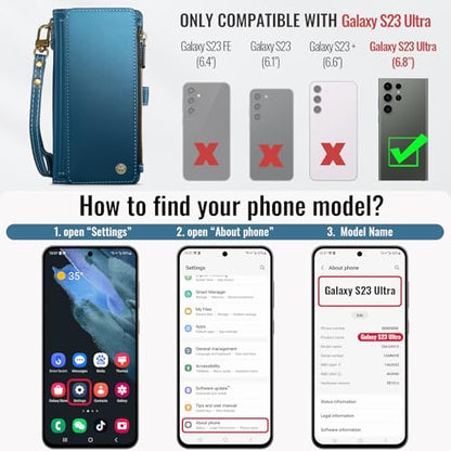 Defencase for Samsung Galaxy S23 Ultra Wallet Case with Card Holder, Blue | Durable PU Leather, with RFID Blocking Zipper Pocket, Wrist Strap, S23 Ultra Flip Phone Cases Cover with Stand for Women Men - color: Fashion Blue