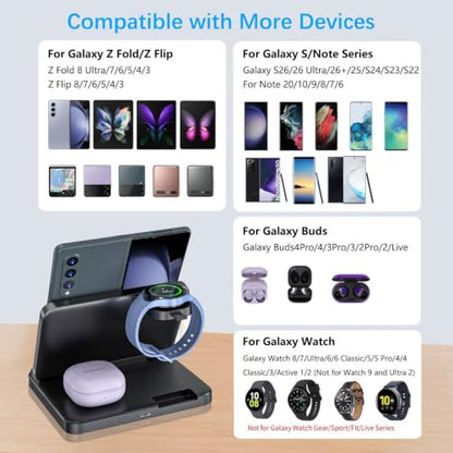 for Samsung Galaxy Z Fold 8 Ultra 7 6 Wireless Charger Station, 3 in 1 Foldable Wireless Charging Stand Fast Charging Dock for Galaxy Z Flip 8 / Galaxy S26/S26 Ultra/Galaxy Watch/Galaxy Buds