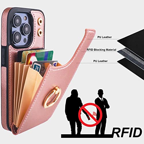 Folosu Compatible with iPhone 14 Pro Case Wallet with Card Holder, 360°Rotation Finger Ring Holder Kickstand, RFID Blocking Leather Protective Double Buttons Shockproof Cover 6.1 Inch Rose Gold - color: Rose Gold, size: iPhone 14 Pro