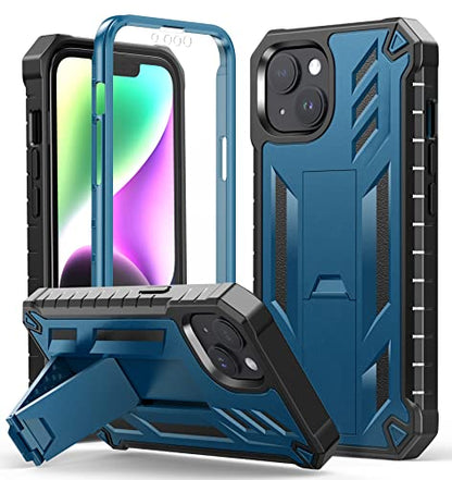 FNTCASE for iPhone 14 Plus Case, Built-in Screen Protector, Kickstand | 20FT Military-Grade Drop Protection, Anti-Slip Matte Textured, Rugged Heavy Duty Shockproof TPU Protective Cover - color: Blue