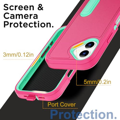 AICase for iPhone 16 Case with Built-in Stand,Tripe Layer Heavy Duty Drop Protection Full Body Rugged Shockproof Military Protective Tough Durable Phone Cover for iphone16 6.1"_2 - color: Hot Pink/Blue with Built-in Stand