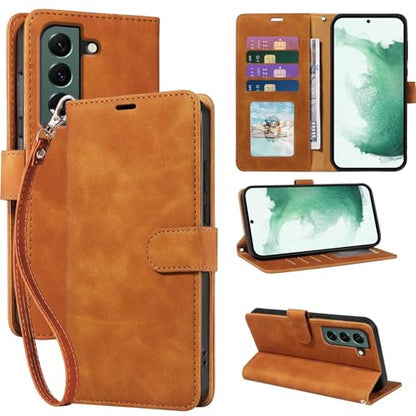 Wallet Case for Galaxy S22, RFID Blocking, 4 Card Slots, Brown | For Samsung Galaxy S22 6.1 inch, PU Leather Flip Cover, Protective TPU Shell, Magnetic Closure, Stand, Wrist Strap - color: Brown
