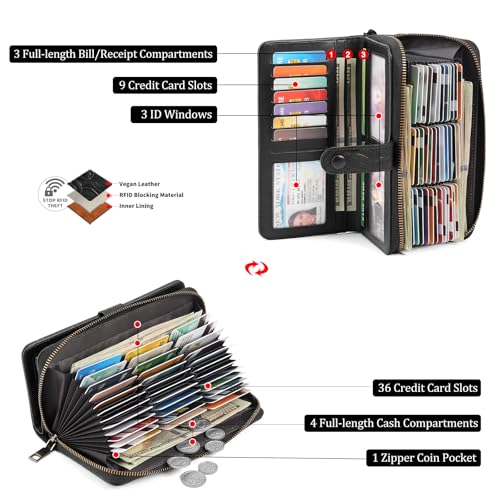 SENDEFN Women's Credit Card Holder RFID Blocking Zip Around Leather Wallet Large Capacity Long Purse with Wristlet - color: Black