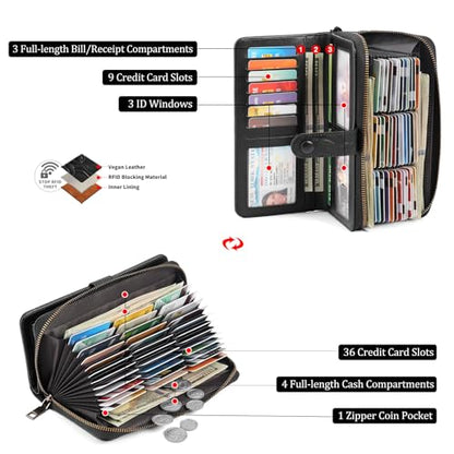SENDEFN Women's Credit Card Holder RFID Blocking Zip Around Leather Wallet Large Capacity Long Purse with Wristlet - color: Black