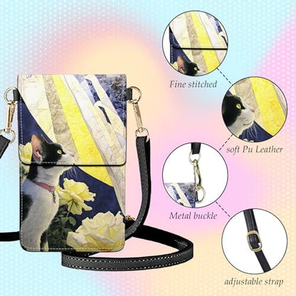 Small Crossbody Bags for Women Touchscreen Cell Phone Bag Cross Body Purses with adjustable Strap,Gifts For Teenage Girls - color: White Rose & Cat