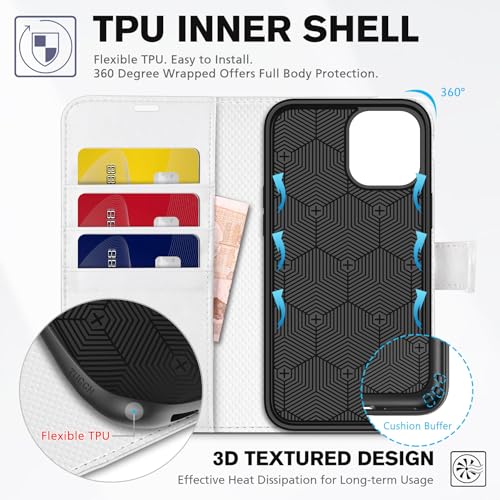 TUCCH Wallet Case for iPhone 12 Pro/iPhone 12 (6.1"), 3 Card Slots, White | RFID Blocking, Viewing Stand, Shockproof TPU Shell, PU Leather, Magnetic Closure, Protective Folio Flip Cover - color: White