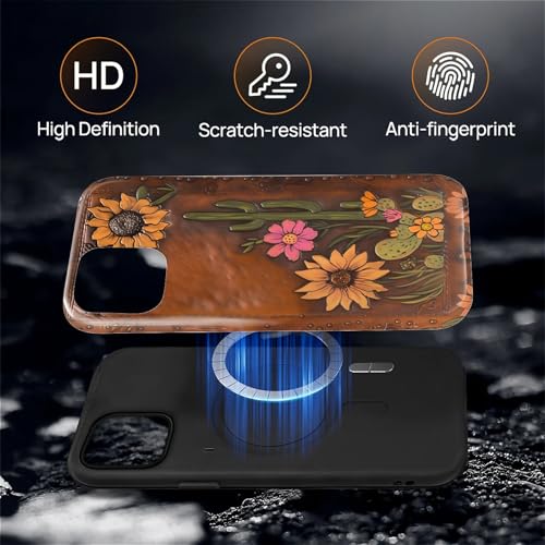 Magnetic Case for iPhone 15, Compatible with Magsafe,PC Hard Shell Silicone Inner Bumper Anti-Scratch Full-Body Cover Shockproof Slim Design Retro Cactus Sunflower - color: Retro Cactus Sunflower, size: iPhone 15