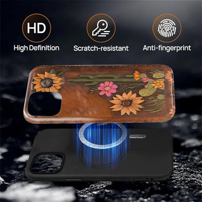 Magnetic Case for iPhone 15, Compatible with Magsafe,PC Hard Shell Silicone Inner Bumper Anti-Scratch Full-Body Cover Shockproof Slim Design Retro Cactus Sunflower - color: Retro Cactus Sunflower, size: iPhone 15