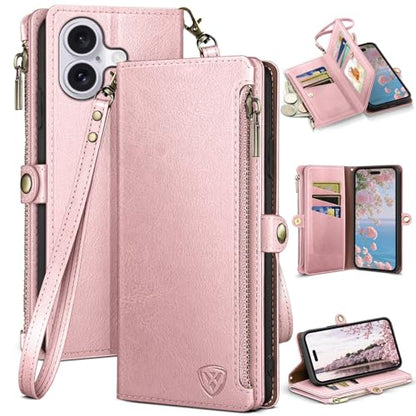 XcaseBar compatible with iPhone 16 Plus 6.7" Wallet case with Zipper Credit Card Holder【RFID Blocking】,Flip Folio Book PU Leather Phone case Shockproof Cover Women Men for Apple 16 Plus case Rose Gold - color: Rose Gold