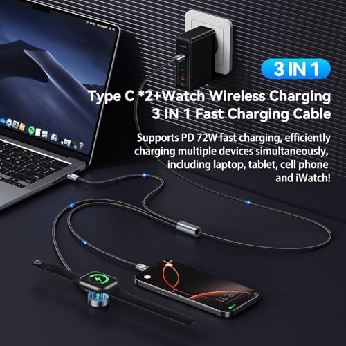72W Super Fast Charging 3-in-1 Multi Charging Cable, Dual USB-C Ports for iWatch Ultra/SE/10-1/iPhone 17/16/15 Pro, Multi Charger for Apple Watch, Galaxy Phone Travel Essentials (Pack of 2) - size: 4 feet (Pack of 2)