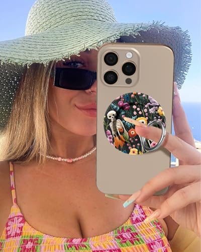 Toycamp Magnetic Phone Grip - Compatible with MagSafe Phone Grip Ring Stand for iPhone 17/16/15/14/13/12 Series Skeleton Spooky Flowers Cute Phone Ring Holder Grip for Women Girls - color: Skeleton Flowers