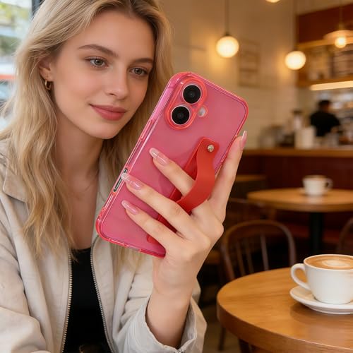 Strap Case for iPhone 17 with Stand, Neon Magenta | Wrist Strap Kickstand, Adjustable Finger Hand Grip Loop, Slim Transparent Anti-Scratch Back, Soft Bumper Phone Cover - color: Neon Magenta, size: iPhone 17