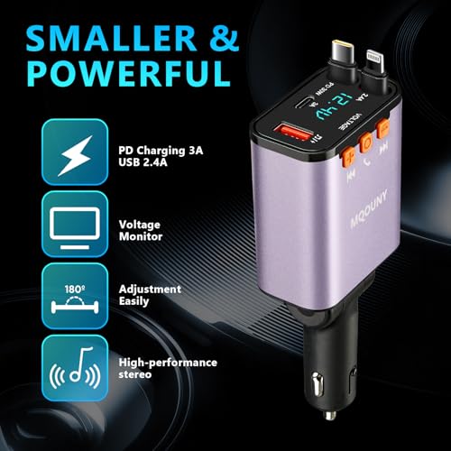 Retractable Car Charger,5 in 1 Fast Cars Phone Charger 60w,Bluetooth 5.3 FM Transmitter Adapter,Handsfree Call,MP3 Player,2 Retractable Cables and USB Chargers, for Phone,Galaxy,Pixel (Purple) - color: Purple