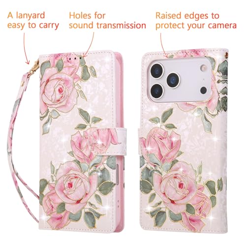 UEEBAI Wallet Case for iPhone 17 Pro Max, PU Leather Phone Cover Kickstand RFID Blocking Flip Case Card Slots Wrist Strap Relief Engraved Pattern Magnetic Closure Flower Folio Wallet, White Rose - color: White Rose, size: iPhone 17 Pro Max