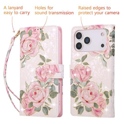UEEBAI Wallet Case for iPhone 17 Pro Max, PU Leather Phone Cover Kickstand RFID Blocking Flip Case Card Slots Wrist Strap Relief Engraved Pattern Magnetic Closure Flower Folio Wallet, White Rose - color: White Rose, size: iPhone 17 Pro Max