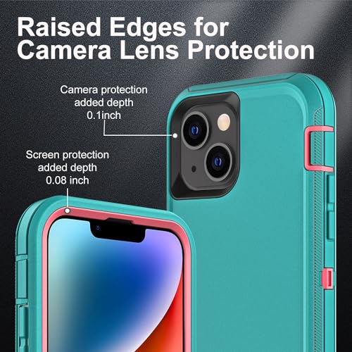 YKHJKLEC for iPhone 13 Case/iPhone 14 Case, Military Grade 3 in 1 Heavy Duty Shockproof/Drop Proof/Dust Proof Case with 2Pcs Tempered Glass Screen Protector (Aqua Blue/Pink) - color: Aqua Blue/Pink