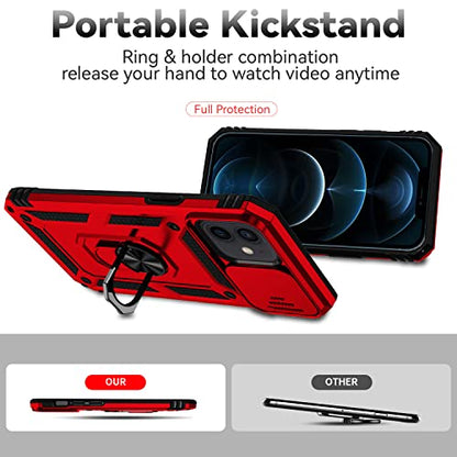 for iPhone 12 Mini Case with Camera Lens Cover HD Screen Protector, Dual Layer Military Grade Drop Protection Magnetic Ring Holder Kickstand Protective Phone Case for iPhone 12 Mini 5.4 inch (Red) - color: Red with camera cover Military-Grade 2nd gen