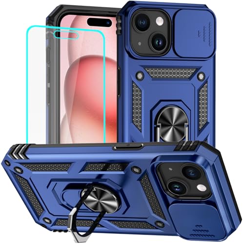 HNHYGETE for iPhone 15 Case with HD Screen Protector: [Military Grade 20ft. Drop Tested] Ring Shockproof Protective Phone Case for - iPhone 15 Blue - color: Blue, size: iPhone 15