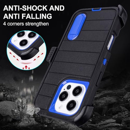 Phone Cases for iPhone 16 Pro Case Black with Belt Clip Heavy Duty | 3 Layers of Sturdy,Military Grade Shockproof ProHolster Protective Cases for iPhone 16 Pro Phone Case Black Blue - color: Black+Blue