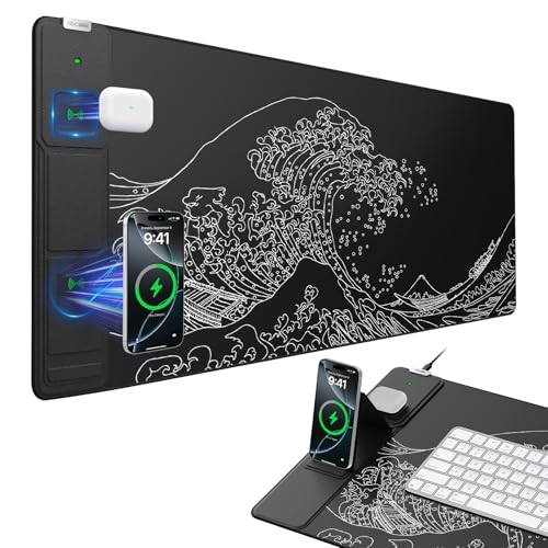 Wireless Charging Mouse Pad with Phone Holder, 31.5"x15.8" in, Black Wave - color: Black Wave-Phone Holder-31.5"x15.8"