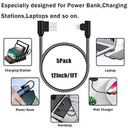 iPhone Charger 1Ft MFi Certified Short Lightning Cable Braided 90 Degree Elbow Charging Cable Compatible with iPhone 14 13 12 11 Pro X XS XR 8 Plus 7 6 5 (Black Grey, 5Pack)