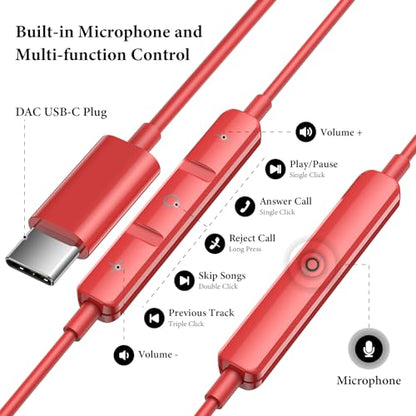 APETOO USB C Headphones for iPhone 18 Pro Max 17 16 15/iPad Air Earbuds - color: Red