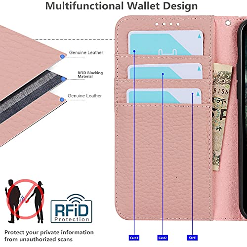 iCoverCase Compatible with iPhone 13 Pro Wallet Case with Credit Card Holder and Wrist Strap, RFID Blocking Genuine Leather Flip Magnetic Phone Cover 6.1 Inch (Pink) - color: 1-Pink (No Headphone Storage Belt), size: iPhone 13 Pro