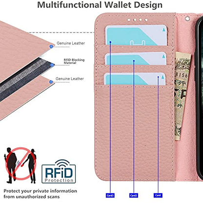 iCoverCase Compatible with iPhone 13 Pro Wallet Case with Credit Card Holder and Wrist Strap, RFID Blocking Genuine Leather Flip Magnetic Phone Cover 6.1 Inch (Pink) - color: 1-Pink (No Headphone Storage Belt), size: iPhone 13 Pro