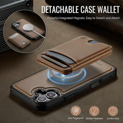 WJX for iPhone 16 MagSafe Wallet Case, 2-in-1 Detachable Luxury Card Holder, Universal MagSafe Compatible, RFID Blocking, Shockproof Kickstand Slim Cover， Brown - color: Brown, size: iPone 16