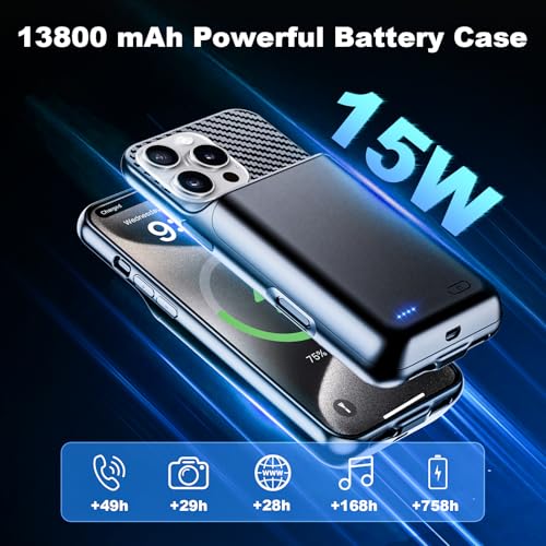 Battery Case for iPhone 15 Pro Max (6.7 inch), 2026 Upgraded High Capacity 13800mAh Battery Pack Rechargeable Charger External Charging Case with Tempered Glass Screen Protector Black - size: iPhone 15 Pro Max