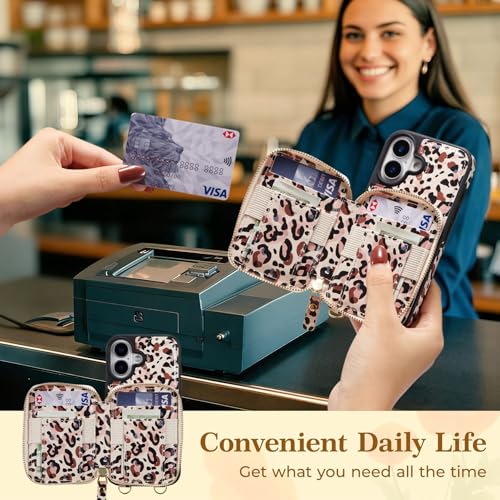 ZCDAYE Zipper Crossbody Wallet Case for iPhone 16, Leopard Print | Flip Folio PU Leather, Practical Card Holder, Adjustable Lanyard Strap, RFID Blocking, Retro Leopard Girly Phone Case - color: Leopard print, size: iPhone 16